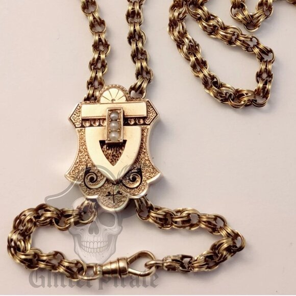 Solid 14k Gold Victorian Slide Necklace | Seed Pearl & Enamel | 30" Handmade - Picture 2 of 10